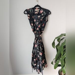 Rebecca Taylor Black Floral Tulip Ikat Print Ruffle Cotton Wrap Midi Dress. SZ6